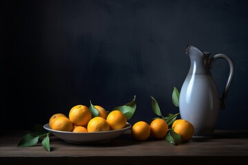 Fototapeta na wymiar Still life photography composition featuring a lemon, a book, and a vase. The arrangement showcases a harmonious blend of vibrant citrus, intellectual pursuit, and natural beauty. Generative AI
