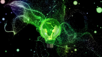 Earth globe light bulb. Scattering luminous particles. Green energy, renewable resources, planetary ecology protection, sustainable development.