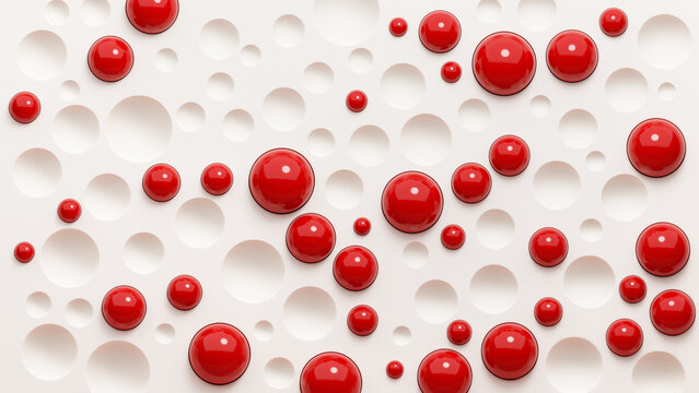 Abstract geometric white background with empty cells and red glossy spheres. 3d render illustration.