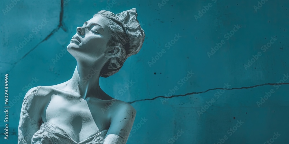 Wall mural beautiful woman statue on a light blue concrete wall, front view. sculpture of a greek goddess. gene