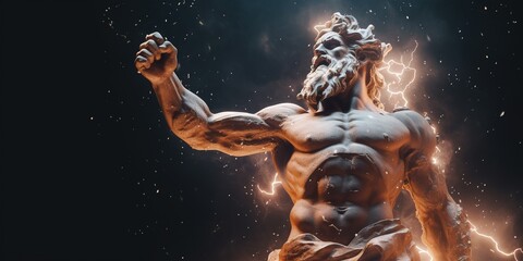 Illustration of ZEUS, god of sky and thunder. Zeus the king of the Greek gods ready to hurl lightning bolts down upon the earth and mankind. Generative AI - obrazy, fototapety, plakaty