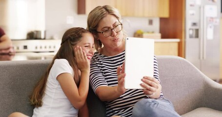 Selfie, smile and a mother and child with a tablet for fun, bonding and funny faces on the sofa. Family, happy and a mom and girl kid taking a photo with tech on the living room sofa for social media