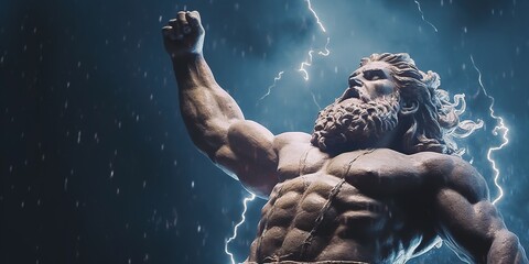 Illustration of ZEUS, god of sky and thunder. Zeus the king of the Greek gods ready to hurl lightning bolts down upon the earth and mankind. Generative AI - obrazy, fototapety, plakaty