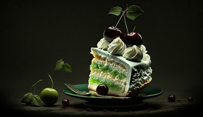 Delicious cherry cakes with ripe red cherries and green cream