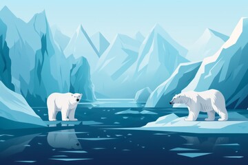 Two polar bears on a iceberg in front of a mountain. Generative AI