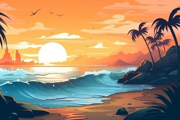 Fototapeta na wymiar A beach scene with palm trees and a sunset. Generative AI