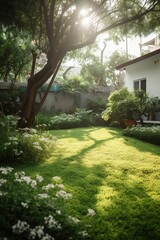 AI Generative. Sustainable Serenity: Discover the Beauty of a Minimalist Home Garden Powered by Renewable Energy!