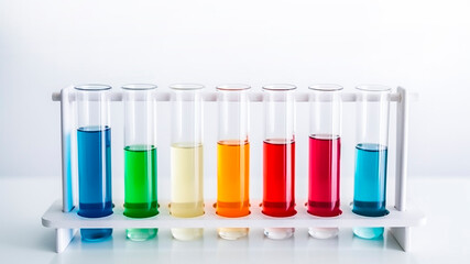 Colorful Test Tubes on Laboratory Bench. Scientific Research, Chemistry Experiment, Analysis Process.