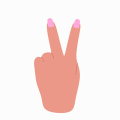 Two finger peace gesture hand. Woman's hand showing peace sign. vector illustration. Colored flat vector illustration isolated on white background.