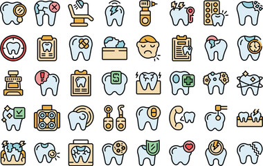 Toothache icons set outline vector. Tooth kid. Bad pain thin line color flat on white