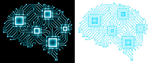 Circuit board blue glow light with human brain. with four microchip blue glow. artificial intelligence concept transparent background