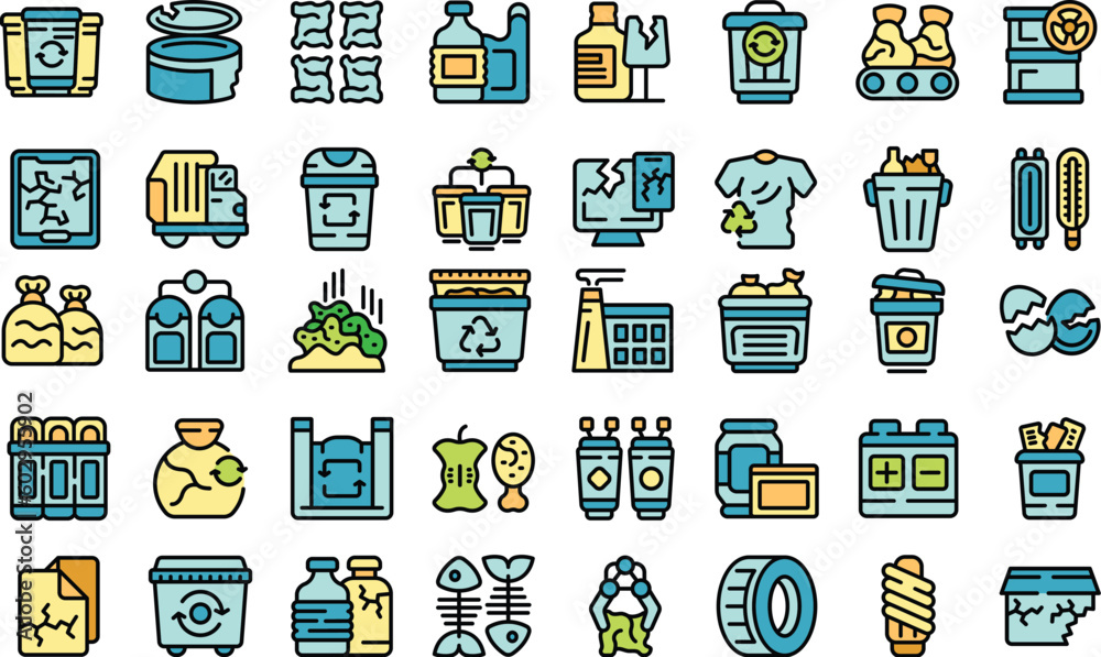 Poster waste sorting icons set outline vector. garbage sorting. sort trash thin line color flat on white