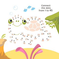 Connect the dots from 1 to 40. Educational game for kids. Cute turtle underwater in ocean. Activity page for children. Vector illustration. 