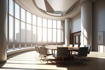 Fototapeta premium Modern interior for a meeting room or a business conference room with a rounded table and chairs. Meeting room with large windows and a nice scenery background view. Generative AI