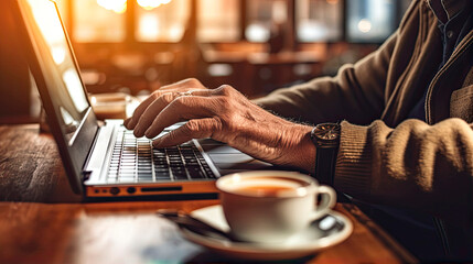 Fototapeta na wymiar Older people use a laptop in a café. Generative AI.