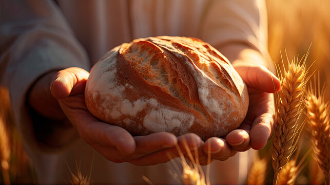 Hands hold bread against the background of a wheat field. Generative AI.