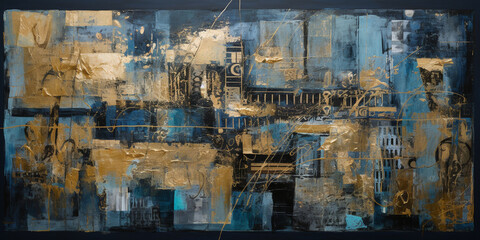 Industrial Fusion: A Captivating Large Canvas Painting with Collages, Paint, and Blue-Sepia Hues AI generated