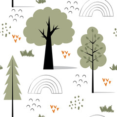 Cute seamless pattern with forest trees. Vector background for fabric, wrapping paper, etc.