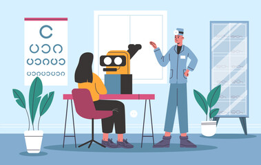 Fototapeta premium Patient at optometrists consultation. Ophthalmological examination in doctors office. Woman checks her eyesight. Glasses selection. Vision checkup in medical clinic. Vector concept