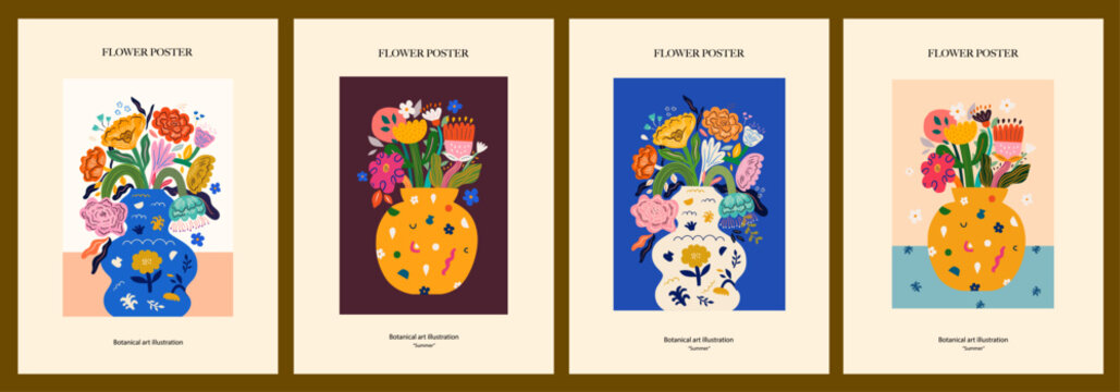 Vector set of art posters in retro style. Collection of art vector floral posters. Beautiful flower collection of posters with decorative flowers, roses, leaves, floral bouquets. Notebook covers
