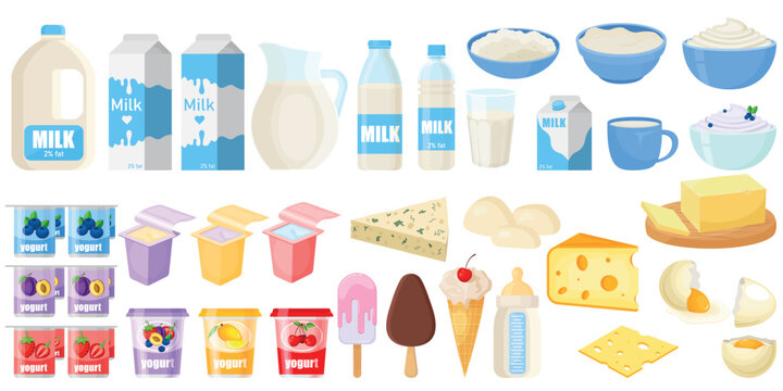 Vector cartoon image of dairy products. A container with milk. The concept of a healthy lifestyle and cooking. An element for your design.