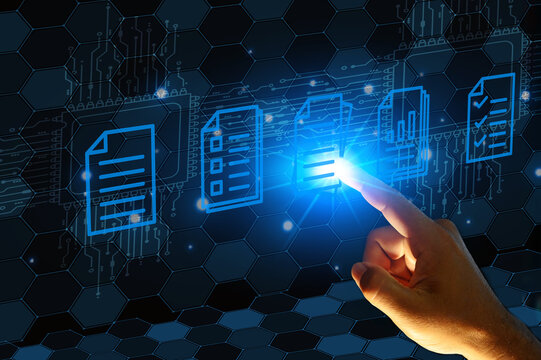 document management. A businessman signs an electronic document on a digital document