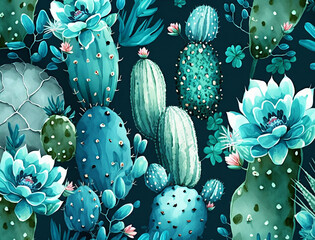 Bloom floral cactus pattern background. Blue green blossom tropical succulent. Generative AI
