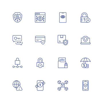 Security icon set. Editable stroke. Thin line icon. Containing ssl, encryption, spyware, security, exchange, online payment, box, laptop, padlock, protect, asset, insurance, alert, online transfer.
