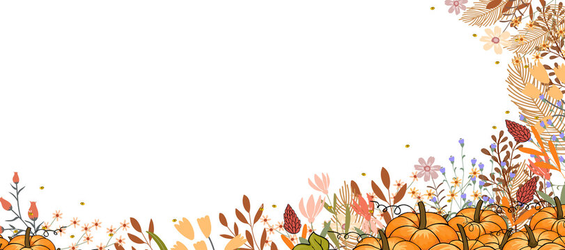 Autumn flowers frame,Fall horizontal banner with cute hand drawn colourful wild pumpkin, flowers, leaves border, illustration background for Thanksgiving,Harvest Day