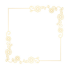 Gold floral square frame. Elegant line border, leaves and flowers, wedding invitation and cards, logo design and posters template. Simple minimal style botanical vector art.