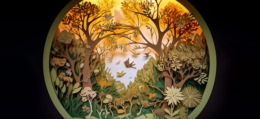 a delicate beautiful paper thick texture art illustration landscape light yellow and light orange  features trees and birds, light emerald and amber. generative AI.