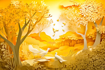 a delicate beautiful paper thick texture art illustration landscape light yellow and light orange  features trees and birds, light emerald and amber. generative AI.