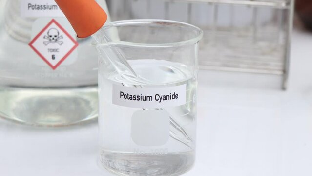 Potassium Cyanide Solution, Hazardous chemicals and symbols on containers, chemical in industry or laboratory 