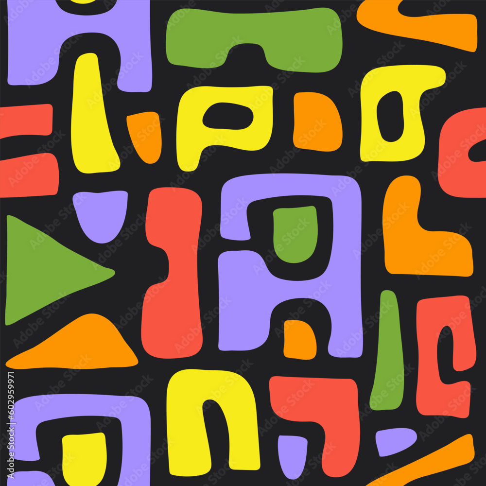 Poster abstract seamless pattern with bright colorful organic cut out shapes on a black background. trendy 