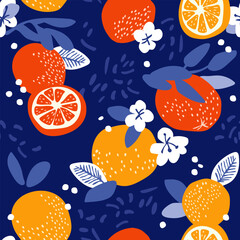 Fruit pattern of fresh orange, tangerine, mandarin and grapefruit slices on dark background. Top view. Creative summer concept. Half of citrus in minimal flat lay style.