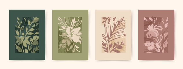 Set of trendy abstract botanical vector illustrations with flowers. Perfect for modern wall poster, interior design, print, home decor, cover, wallpaper, postcard
