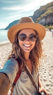 Generative AI - Stylish Woman Capturing Memories on Vacation