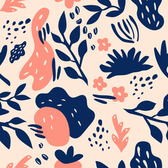 Seamless hand-drawn pattern with floral elements and organic shapes.