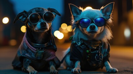 Punk rocker puppies with sunglasses on a night out looking for the coolest rave party to attend, hilarious and funny doggy friends portrait - generative ai