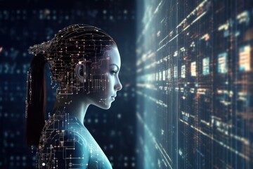 Concept of an artificial intelligence embodied as a female humanoid android, situated within a digital environment and analyzing vast amounts of data. Created with generative A.I. technology.