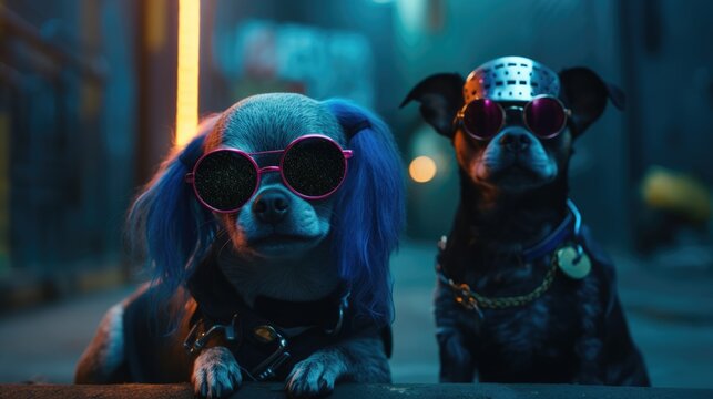 Punk rocker puppies with sunglasses on a night out looking for the coolest rave party to attend, hilarious and funny doggy friends portrait - generative ai
