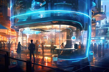 Conceptual representation of a futuristic cafe or bar set in the city of tomorrow. Vibrant atmosphere with neon lights, exuding a friendly and inviting environment. Generative A.I. technology.