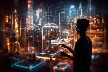 Concept photo depicting the idea of the Internet of Things (IoT), where a person engages with a holographic augmented reality environment. Created with generative A.I. technology.