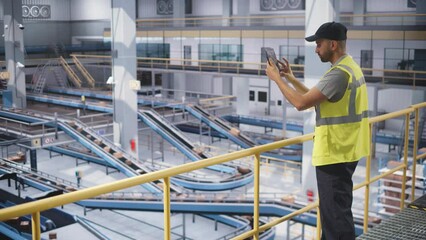 Male in a High Visibility Vest Using Tablet Computer with a Augmented Reality Software. Multiethnic Man Working in a Modern Large Logistics Center with Automated Belt Conveyors for Sorting Packages