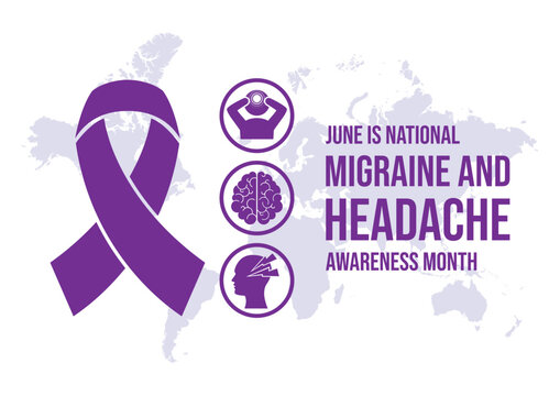 June is National Migraine and Headache Awareness Month vector illustration. Purple awareness ribbon, headache, brain icon set vector isolated on a white background. Important day - Powered by Adobe