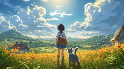 Obraz premium Girl with pet in anime style