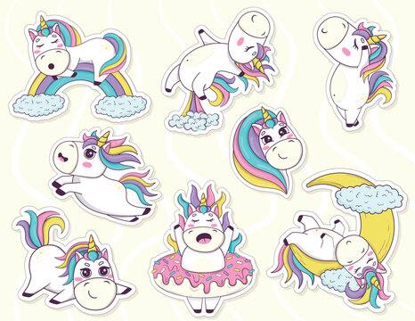 Bundle of stickers with funny kawaii unicorns in anime style for kids product design