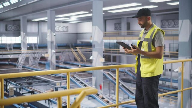 Logistics Manager Working at a Modern Logistics Center for an International Online Shopping Company. Multiethnic Man Using a Tablet Computer and a Two-Way Radio to Communicate with Colleagues