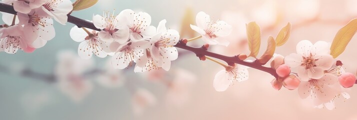 Obraz premium Blossoming apricot tree branches with copy space web banner: spring time concept, pink magnolia flowers, pink magnolia flower, Generative AI