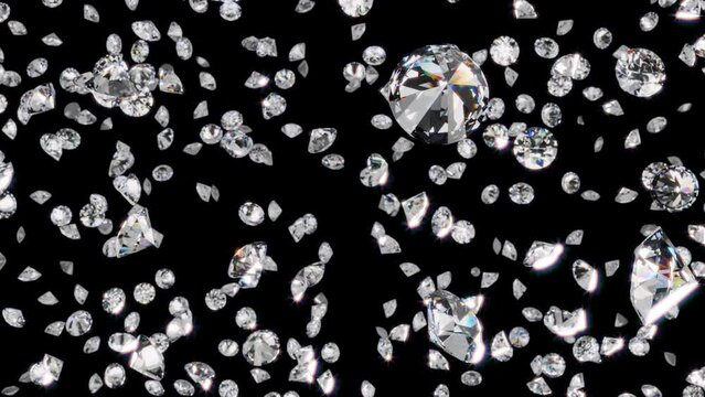 Looped diamond rain from top to bottom on camera. Glow dispersion glare effect. 4K UHD 3840x2160 loop 3D render high quality.